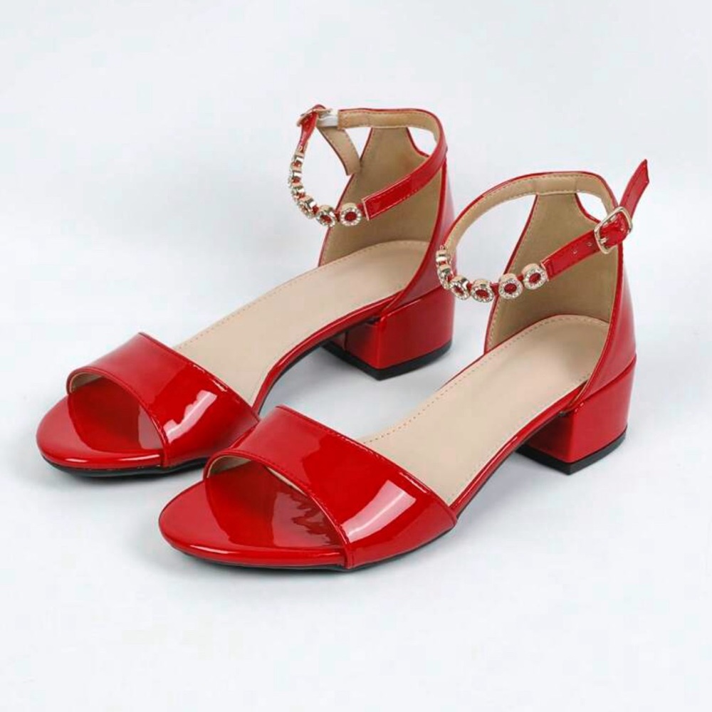 Fashionable & comfortable women’s ankle strap low heel. Red